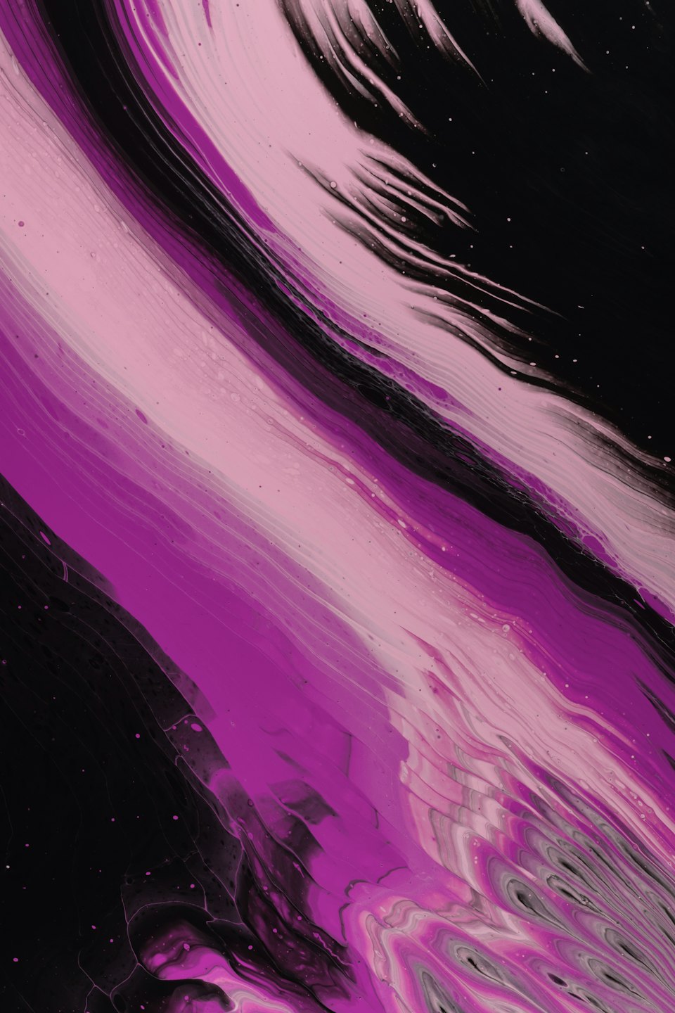 La vernice nera, magenta, viola e bianca che turbina crea un'arte fluida astratta.